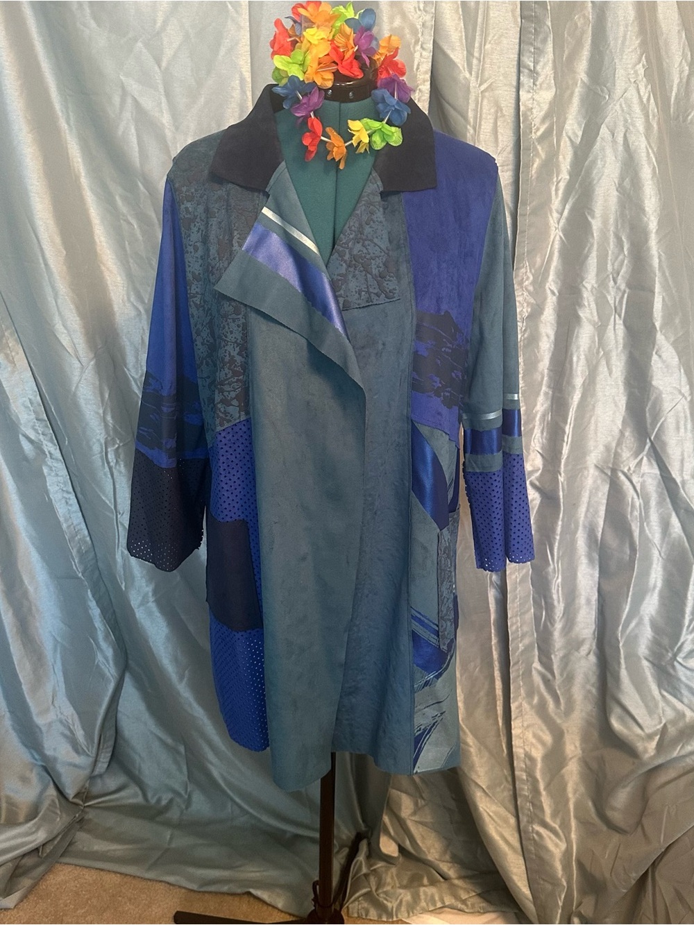 Faux Suede Blue Multi-Tone Patchwork Jacket XL